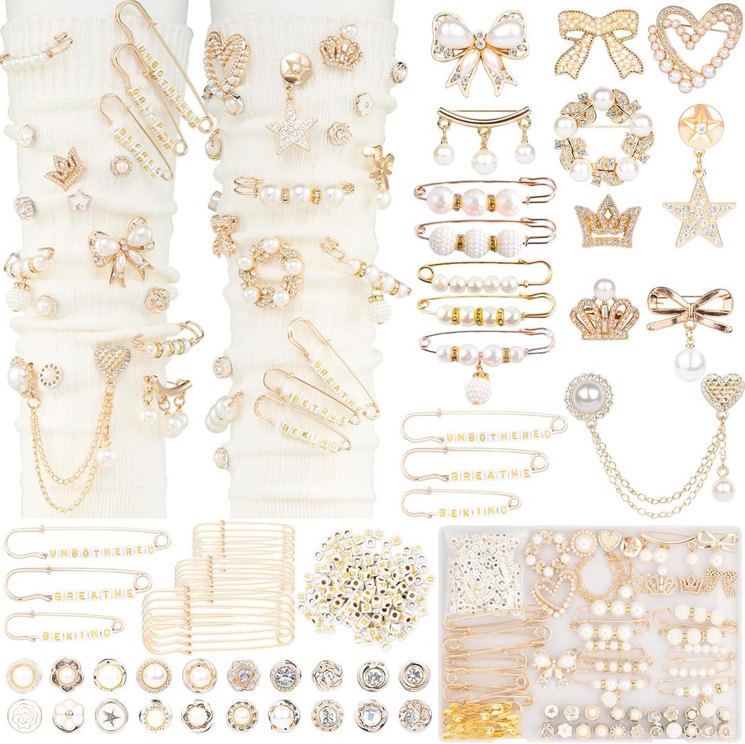 DoDoBeads 335 Pcs Junk Socks Charms Kit with Letter Beads, Gold Charm for Socks and Sneakers, Brooches and Pins for Women, Charms for Sock Safety Pin, Junk Charm with Pearl, Rhinestone,