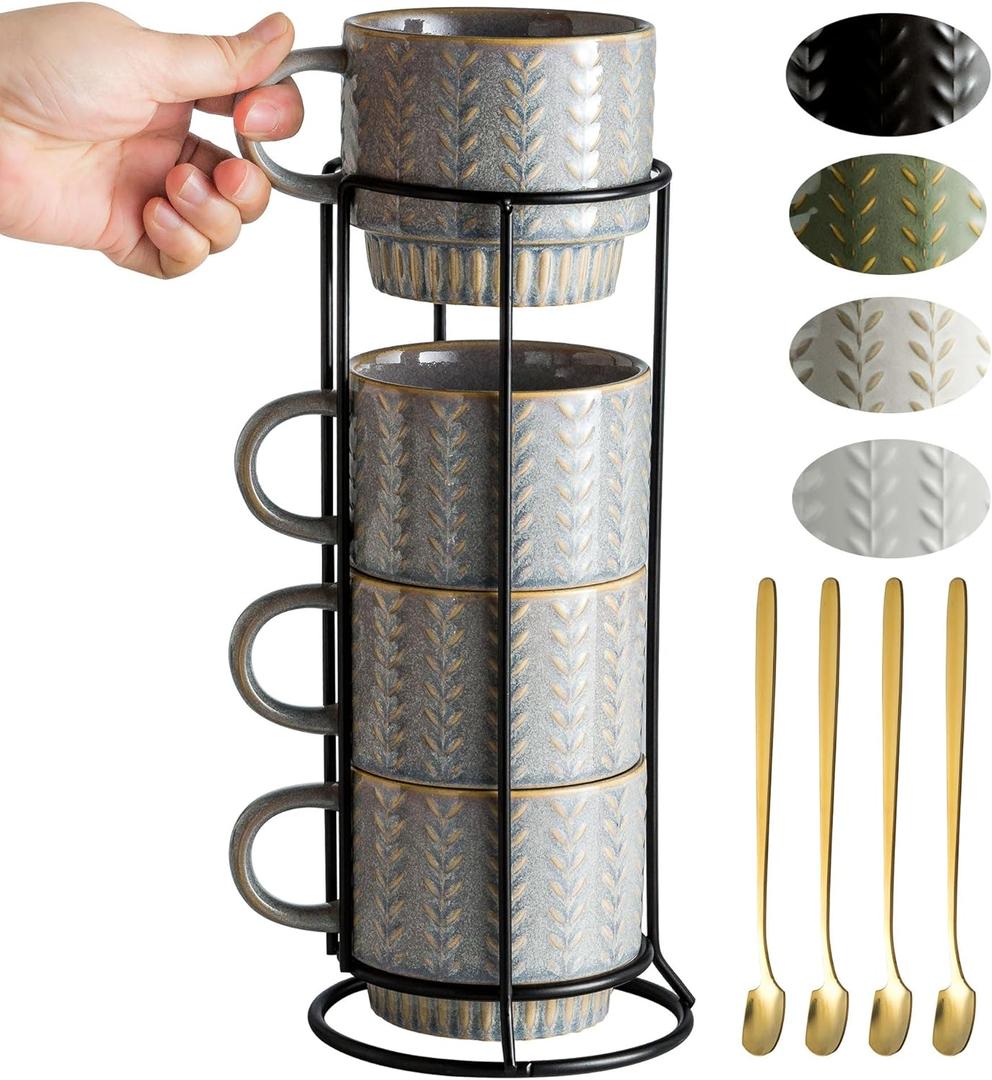 Coffee Mugs Set of 4 with Spoons & Stand, Stackable Espresso Cups 13oz Coffee Mug for Drinks Latte Cappuccino Tea, Coffee Cup for Women Men Couples Housewarming Birthday Gift, Dishwasher Safe (Gray)