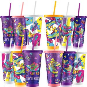 Tellingyou 12 Pack Roller Skating Party Favors Plastic Cups with Lids and Straws 24 oz Reusable Tumblers Water Bottles for Roller Skating Party Supplies