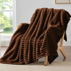 BEDELITE Fleece Throw Blanket for Couch - 300GSM Soft & Warm Fluffy Chotolate Brown Blanket, Decorative and Giftable Striped Blankets for Women, Men, 50"x60"