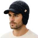 TOP-EX DryKnit XL/XXL 80% Merino Wool Waterproof Brim Beanie with Ear Flaps Fleece Lined Hat for Cold Weather
