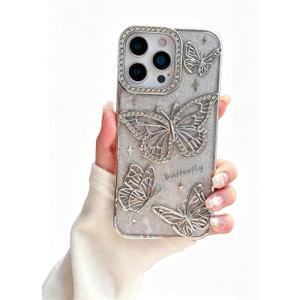 for iPhone 15 Pro Max, Cute 3D Butterfly Glitter Case 6.7" Plated Slim Protective Cover with Camera Protection, Drop-Resistant Bumper for Women & Girls (Silver)