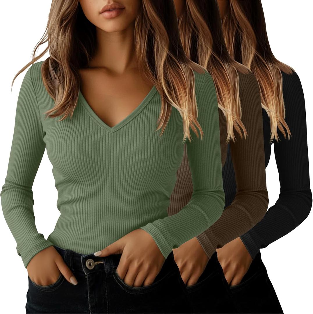 Ficerd 3 Pack Women's Long Sleeve T Shirts Cotton V Neck Slim Fit Tops Ribbed Knit Layering Casual Basic Tees Fall (Medium, Black, Mocha Brown, Matcha Green)