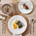 KINGSTONE Bone China Dinnerware Set, 24-Piece White Lightweight Porcelain for 8, Plates and Bowls with Rhombus patterned edge design, Microwave and Dishwasher Safe, for Family, Restaurant, Gifting