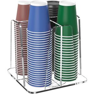 Coffee Cup Organizer for Countertop - Rotating Plastic Cup Holder 4 Compartments Clear Acrylic Cup and Lid Holder for Coffee Bar Restaurant Breakroom Disposable Paper Coffee Cup Dispenser