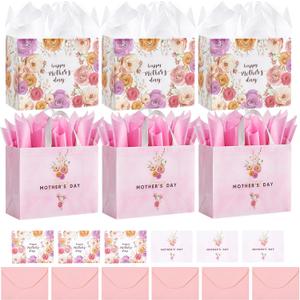 STYPOP 6 Pack 13" Large Mothers Day Gift Bags with Tissue Paper, Reusable Non-Woven Pink Gift Bags with Handles, Mothers Day Gifts for Mom/Grandma/Friends, 12.8"*10.2"*6.3"
