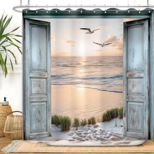 Beach Coastal Shower Curtain 72Wx72L Inch Ocean Rustic Teal Barn Door Nautical Summer Hawaiian Seascape Seaside Wave Retro Wood Bathroom Curtains Sunrise Waterproof Fabric 12 Plastic Hooks