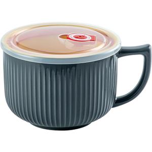 Oversized Soup Bowl with Handle, 38oz Microwave Ramen Bowl with Lid, Jumbo Soup Mug for Ramen, Noodle, Cereals, Soup Container with Lid, Dishwasher Safe - (Gray) (Grey/Yellow)