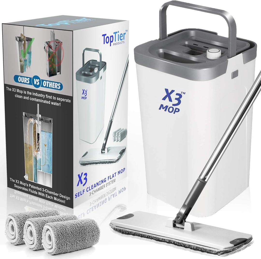 X3 Mop, Separates Dirty and Clean Water, 3-Chamber Design, Flat Mop and Set, Hands Free Home Floor Cleaning, 3 Reusable Microfiber Mop Pads Included (Original X3 Mop)