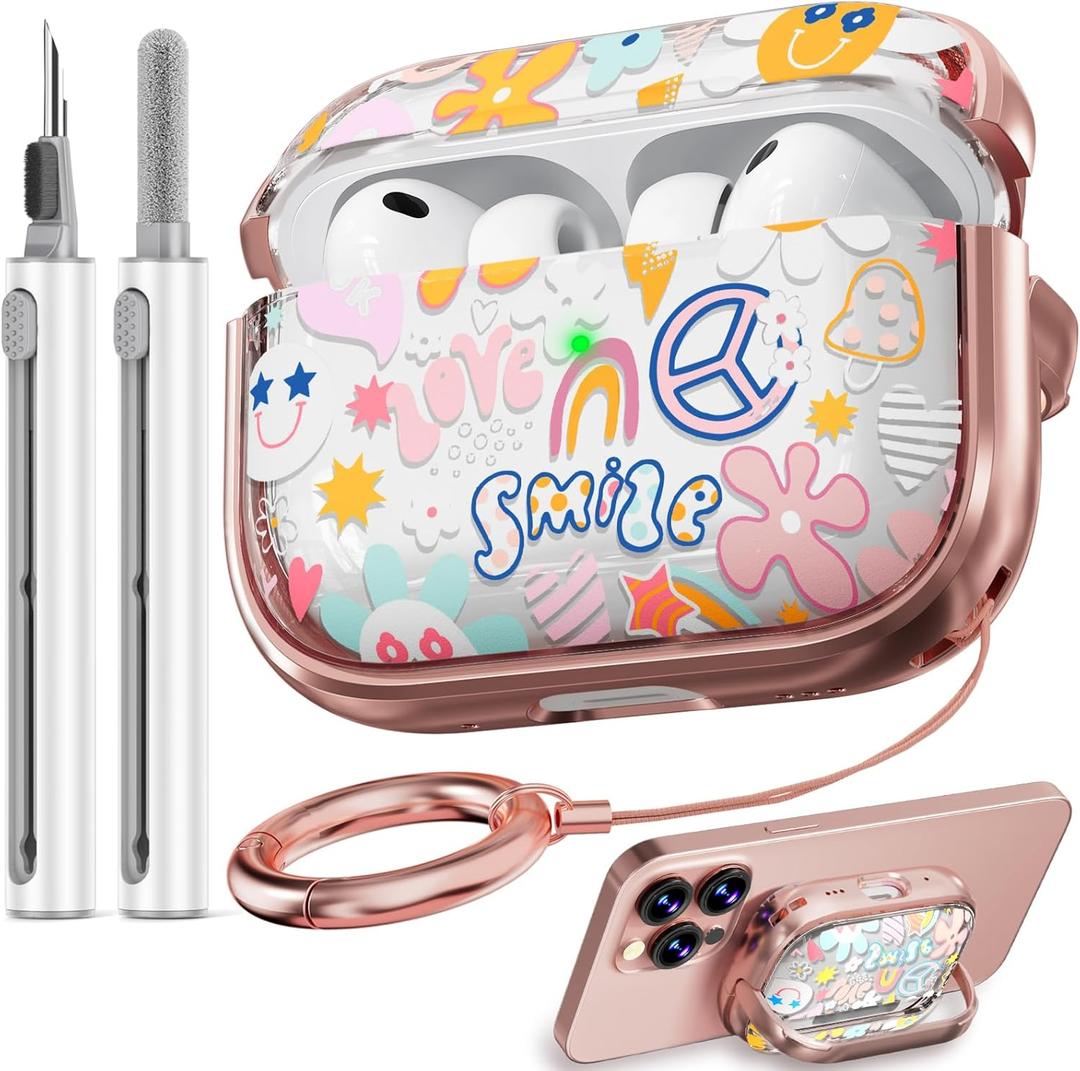 Inesore for AirPods Pro 3 Case 2025 with Lock, for Women Girly Floral Clear Case Compatible with Apple Airpods Pro 3rd Generation Cover, with Phone Stand,Keychain & Cleaner KitPink Smile Graffiti