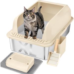 Stainless Steel Cat Litter Box with Lid, XL Large Litter Box for Big Cats, Enclosed Kitty Litter Pan with High Sides, Anti-Leakage&Non-Stick, Easy to Clean, Included Scoop, Aisle and Mat Beige