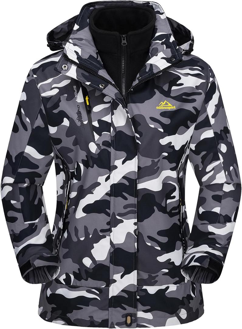 MAGCOMSEN Women's 3-in-1 Winter Coats Snow Ski Jacket Waterproof Windproof Fleece Lined Winter Jacket Parka (X-Large, Black Camo)