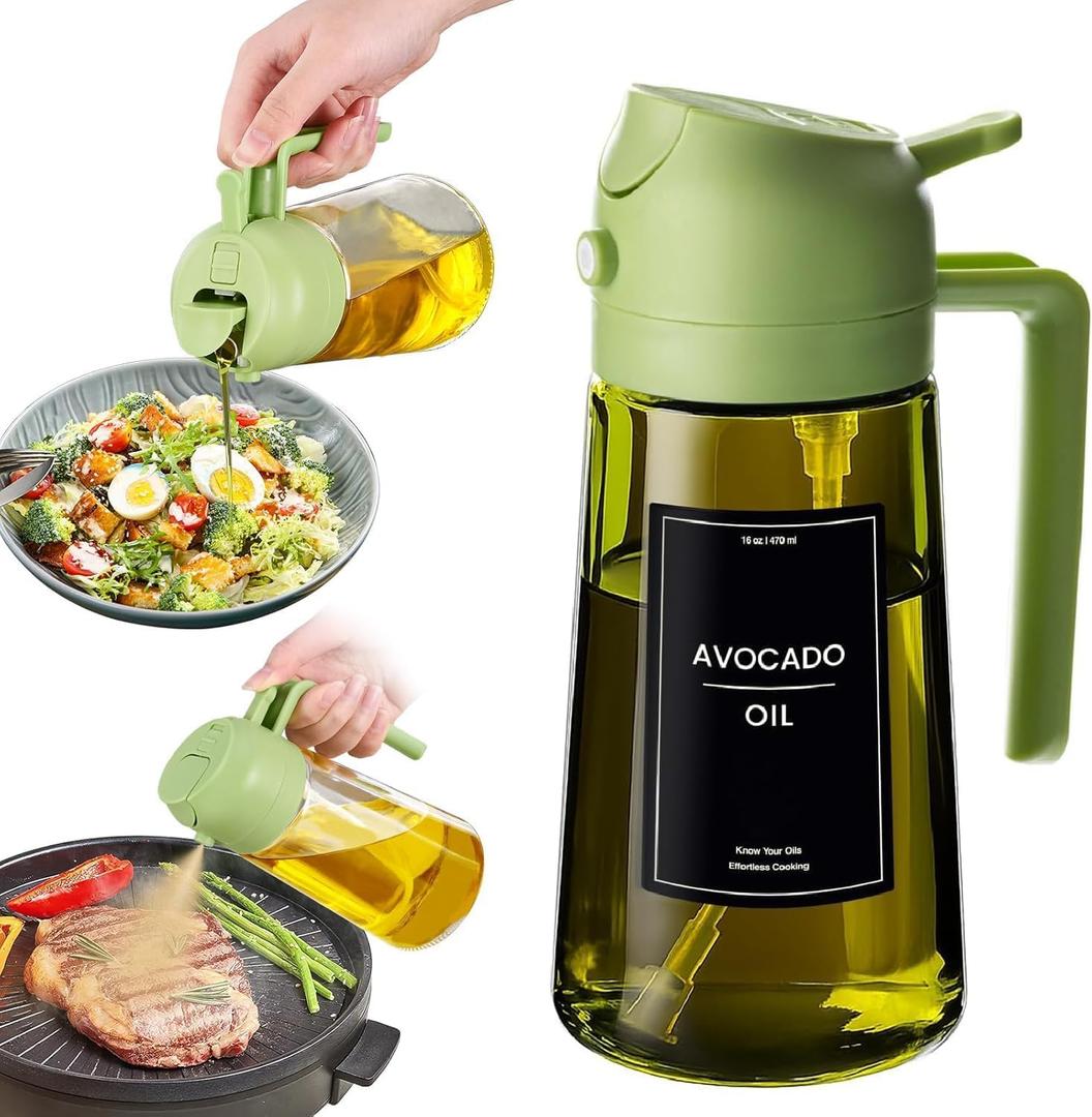 16oz/470ml Glass Olive Oil Sprayer for Cooking - 2 in 1 Olive Oil Dispenser for Kitchen Gadgets, Air Fryer, Salad, and BBQ (Green)