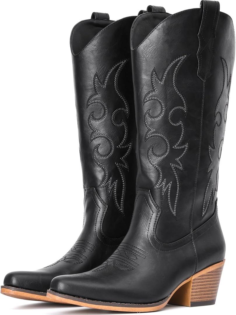 IUV Wide Cowboy Boots For Women Western Cowgirl Boots Mid Calf Snip Toe Boot With Chunky Heel 8