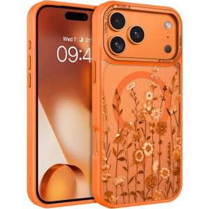 DOMAVER for iPhone 17 Pro Max Case, Magnetic Phone Case for iPhone 17 Pro Max [Compatible with MagSafe] Slim Fit Flowers Floral Design Shockproof Protective Bumper Women Men Girls Boys Cover - Orange