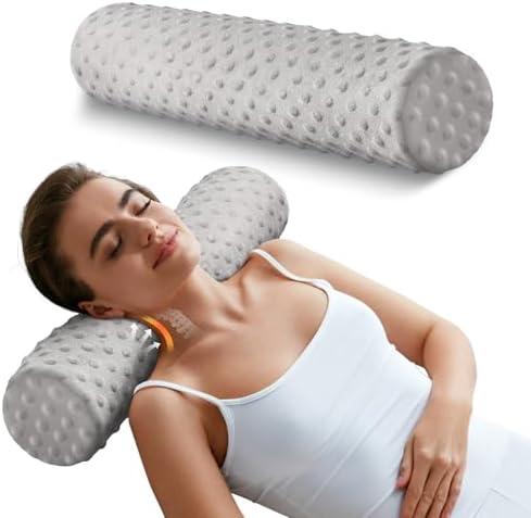 Sino Salected Memory Foam Round Pillow, Cervical Neck Pillow for Pain Relief, Cylinder Pillows 18"x 4", Removable Cover, Neck Roll Pillow for Sleeping, Velvet Dots, Grey