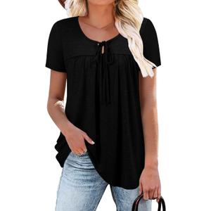 BETTE BOUTIK Womens Summer Tops Corded Short Sleeve Tunic Shirts Pleated Crewneck Corded Tops Blouses  (Black, M)