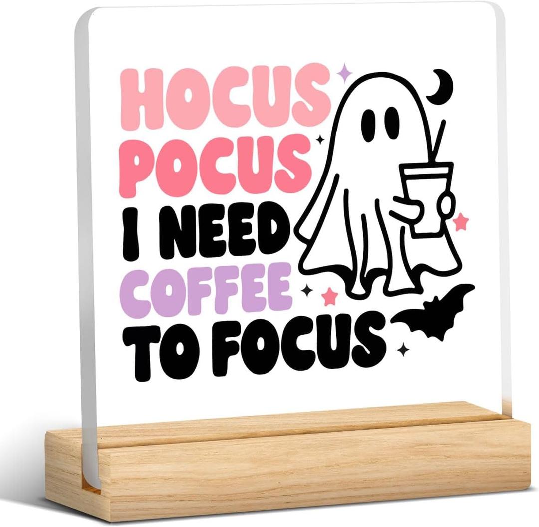Cute Hocus Pocus Decor Halloween Ghost Coffee Acrylic Sign Decorations for Home Kitchen Coffee Bar Station Table Desk Decor Gifts for Women