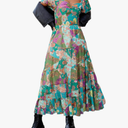 Women Floral Maxi Dress Short Puff Sleeve V Neck Bohemian Flowy Dress Smocked Casual Spring Summer Dresses S