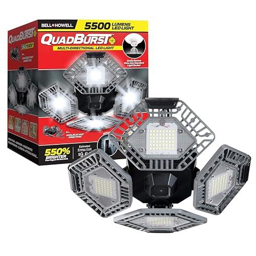 QUADBURST LED Shop Light by Bell+Howell 80W 5500 Lumen Heavy-Duty Aluminum - Ultra-Bright Garage Ceiling Light with Deformable Panels, 192 Ultra High-Intensity for Garage, Bedrooms, Living Rooms