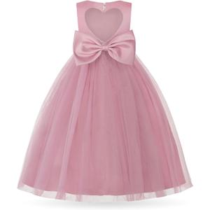 Uhnice Flower Girl Pearl Dress Tulle Ball Gown Bow Prom with Heart Cutout for Wedding Birthday Party (5-6 Years, Dusty Pink)
