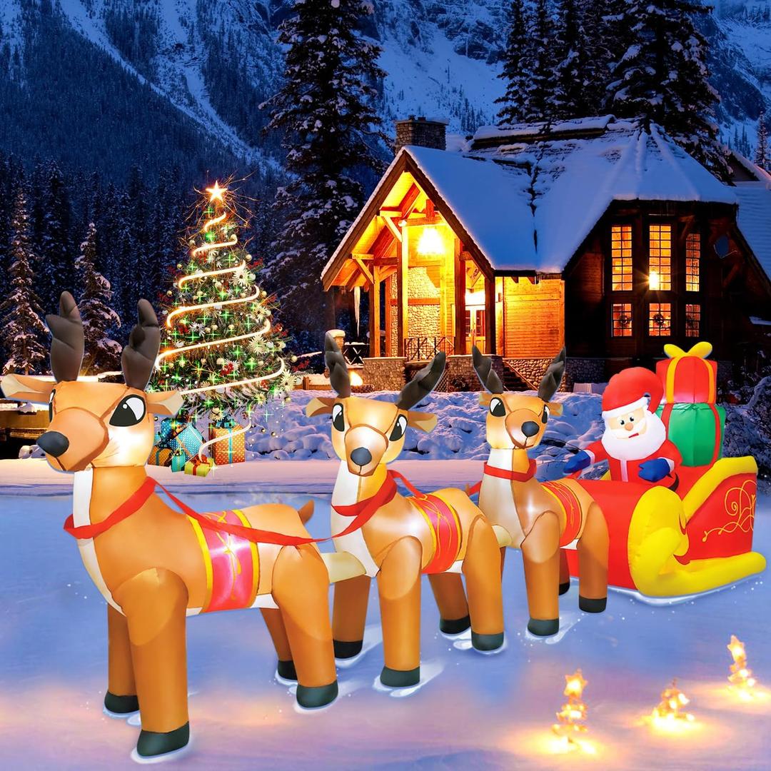 DomKom 10 FT Christmas Inflatable Santa Claus on Sleigh with Three Reindeer, Giant Blow Up Yard Decoration, Built-in LED Lights Decoration for Christmas Party, Holiday Lawn Winter Decor