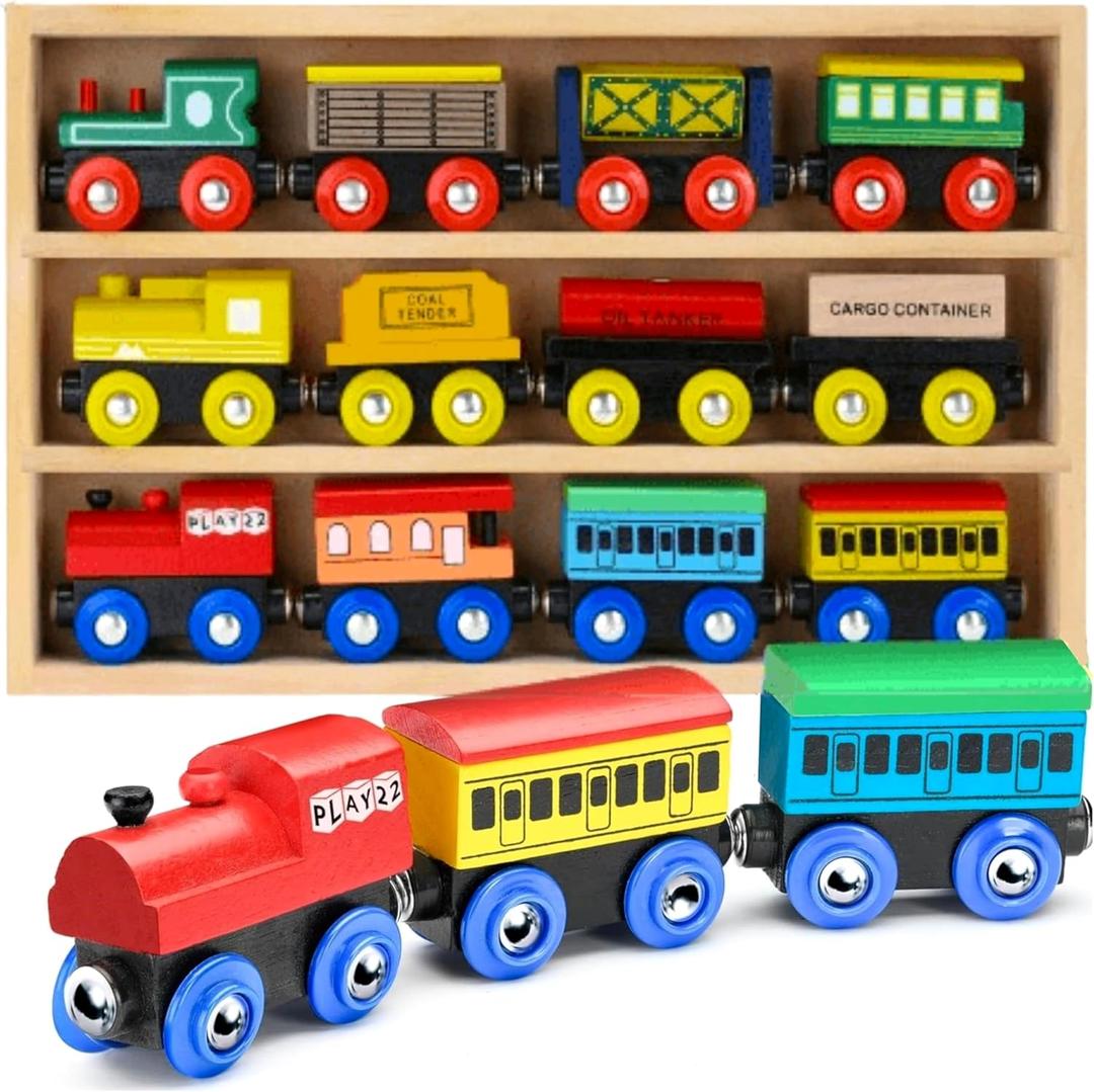 Wooden Train Set 12 PCS - Train Toys Magnetic Set Includes 3 Engines - Toy Train Sets For Kids Toddler Boys And Girls - Compatible With All Major Brands