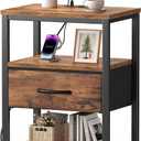 OLIXIS Nightstand with Charging Station, Bedside Tables with USB Ports and Fabric Drawer, Small Night Stand with Open Adjustable Shelf, Compact End Table for Bedroom, Rustic Brown