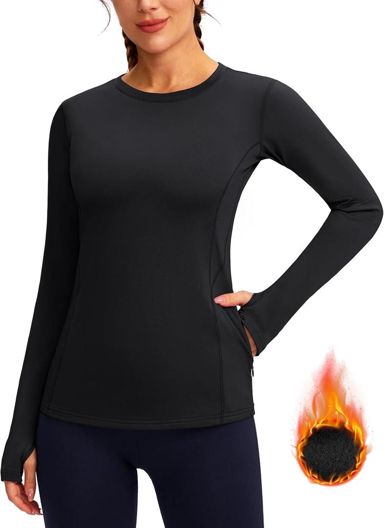 Women's Thermal Fleece Tops Long Sleeve Workout Shirts Running Athletic Base Layer with Thumb Holes Zipper Pocket (Medium, Black)