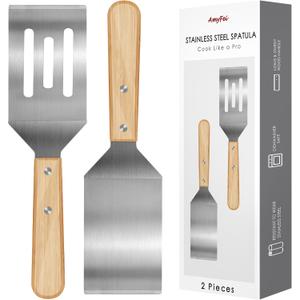 2 Pieces Stainless Steel Spatula Set,Metal Spatula for Cast Iron Skillet,Metal Spatula for Cooking with Wooden Handle,Metal Spatulas for kitchen use for Pancakes,Frying steak,Burger and Desserts