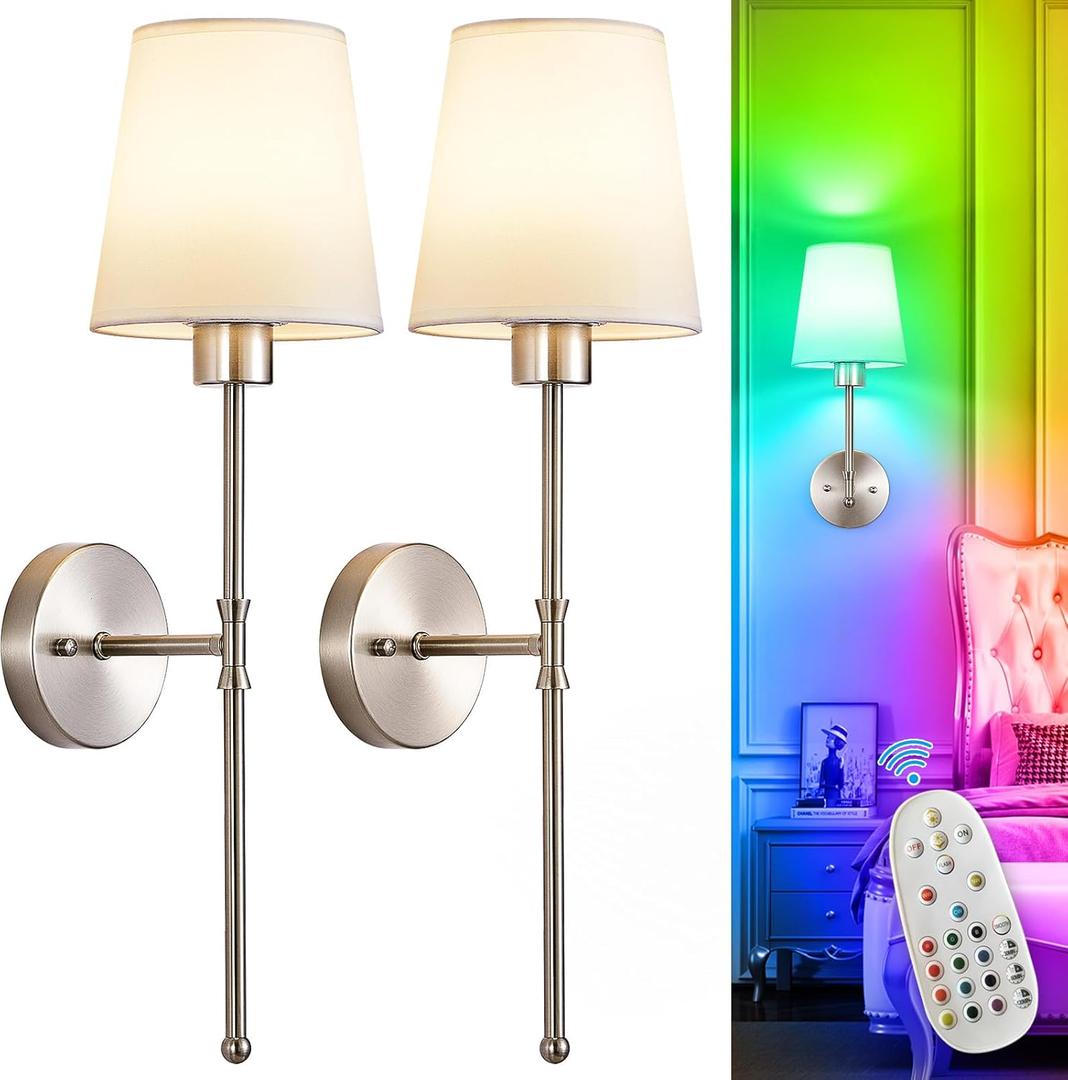 Depuley Battery Operated Wall Sconce: Set of 2 Wireless Wall Lights with Remote for Bedroom - 12 Colors Rechargeable Wall Lamp for Living Room Dining Room Hallway Bathroom Staircases - Nickel 24 Inch