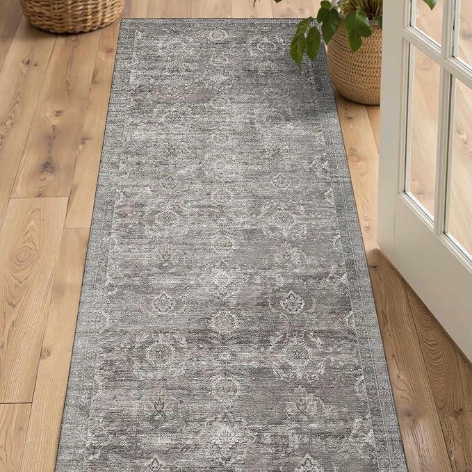 Area Rugs 2,5 x 8 for Living Room Bedroom, Grey Washable Rug, Vintage Retro Boho Rug, Non Slip & Low Pile Faux Wool Thin Carpet for Indoor Dining Room, Dorm and Kids Room(Taupe/Grey, 2, 5 x 8