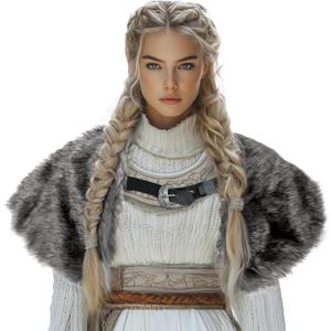 MCJC Medieval Cloak,Viking Costume Faux Fur Shawl For Women, Halloween Performance Accessory (Gray)