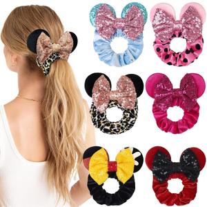 6 Pack Velvet Mouse Ears Scrunchies - Sparkle Sequin Bows Hair Ties for Kids, Women & Girls - Christmas Party Decoration (style3)