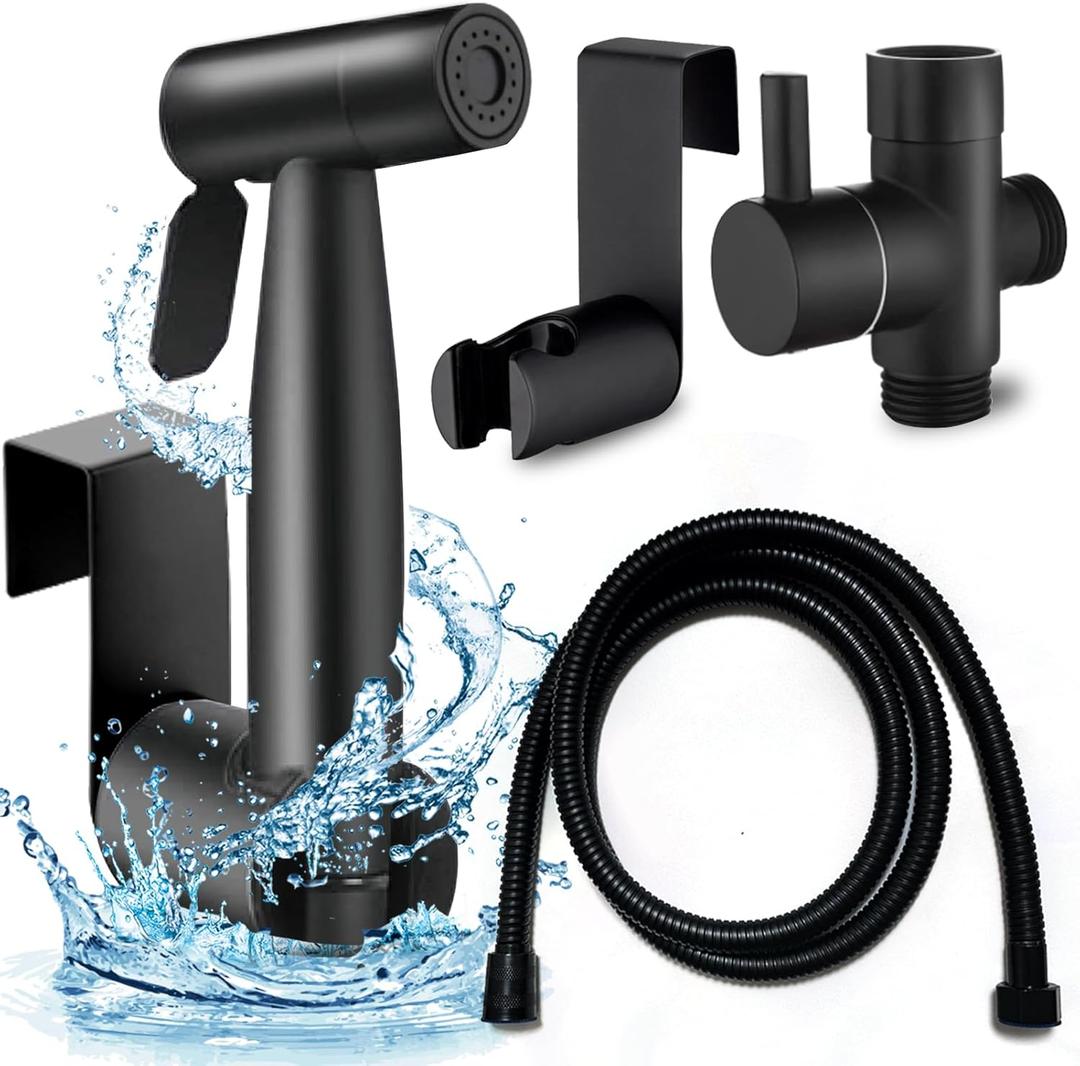 Handheld Bidet Sprayer for Toilet, Brass Leak Free T-Valve & Adjustable Jet Spray, Feminine Hygiene, Baby Diaper Sprayer with Superior Complete Accessories, Black