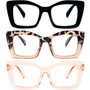REAVEE Oversized Square Reading Glasses for Women, Blue Light Blocking Large Frame Computer Readers Spring Hinge (Black/Tortoise Tea/Tea)