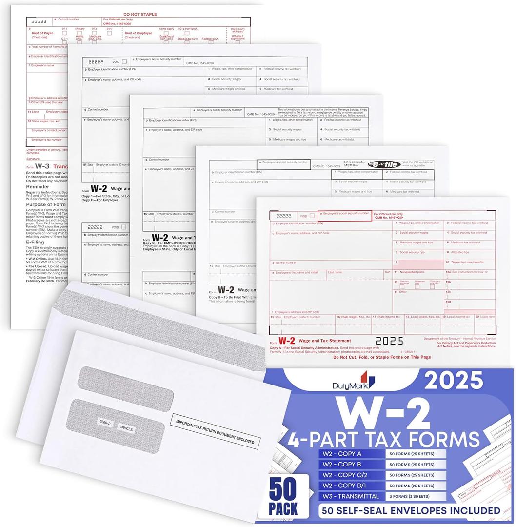 W2 Tax Forms 4 Part 2025, 50 Employees Kit of Laser Forms with 6 W3s, and 50 Self-Seal Envelopes IRS-Compatible, Great for QuickBooks and Accounting Software, All W2 Lazer Forms in Value Pack
