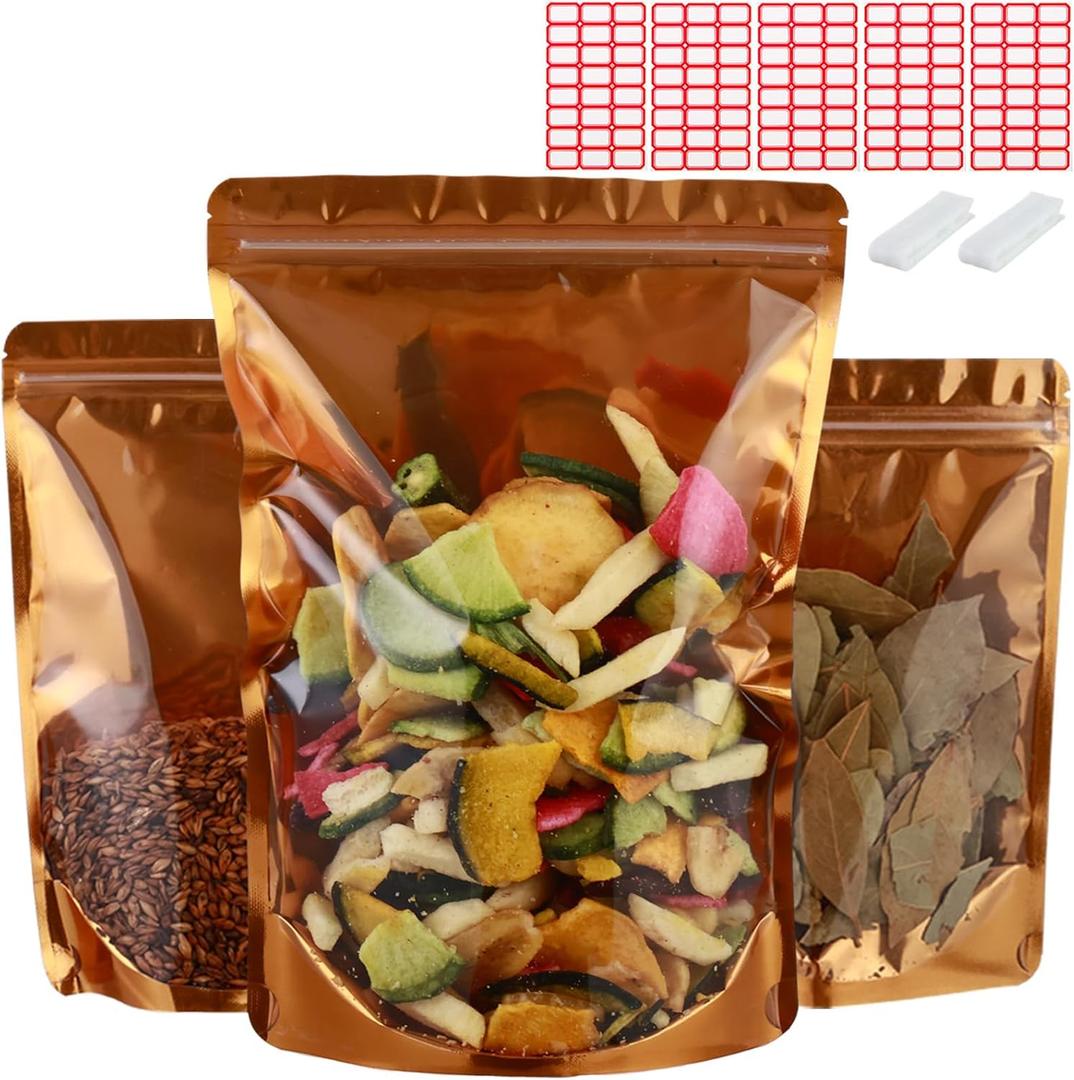 150-pack 4.7 x 7.9 Stand Up Mylar Bags with Clear Window Resealable Foil Pouches for Food Storage Smell Proof Edible Packaging Bag for Jewelry and Small Business, Small plastic bag Bulk, Golden