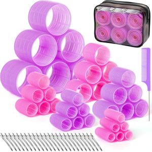 6 Size Hair Rollers for Women, 62 Pcs Rollers Hair Curlers for Blowout Look Long Medium Short Hair, Jumbo Large Medium Small Self Grip Curlers with 36 Roller 24 Clips 1 Storage Bag (Pink+Purple)