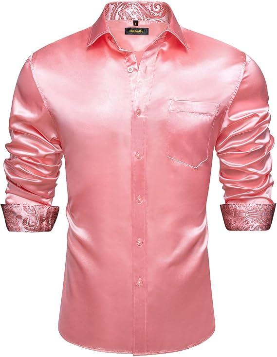 DiBanGu Mens Satin Dress Shirts Casual Long Sleeve Button Down Shirt Regular Fit Wrinkle Free Shiny Shirts for Men Party Prom, Light Pink, Large