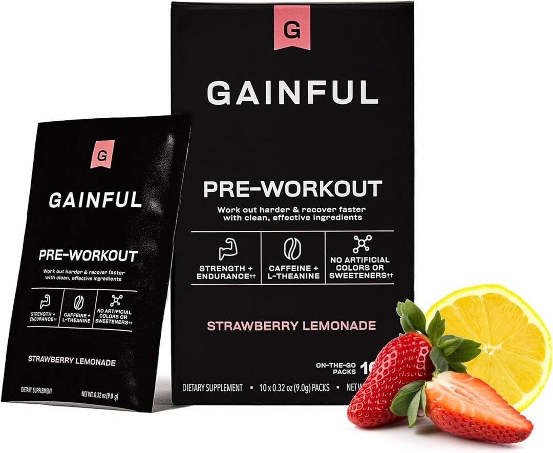 Gainful Pre Workout Powder with Natural Caffeine & L Theanine for Energy & Focus, L Citrulline & Beta Alanine for Endurance, BCAA's for Muscle Recovery, Vegan, Strawberry Lemonade, 10 Ct (3.2 Ounce (Pack of 1)), Exp Date: 04/2026
