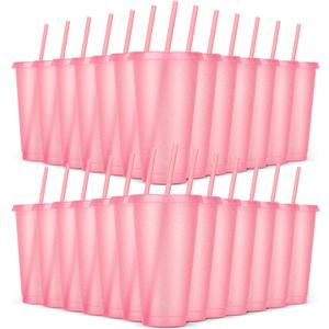 24 Pack Plastic Tumblers with Lids and Straw, Reusable Cups with Lids and Straws Colorful Cups for Cold Drink Iced Coffee, Plastic Tumbler Bulk for Party Birthday Gifts (24 oz, Light Pink)