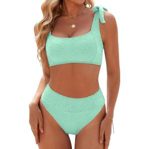 Blooming Jelly Womens High Waisted Bikini Set Tie Strap Jacquard Terry Cloth 2 Piece Swimsuit Modest Cute Retro Bathing Suit (Medium, Pearl Aqua)