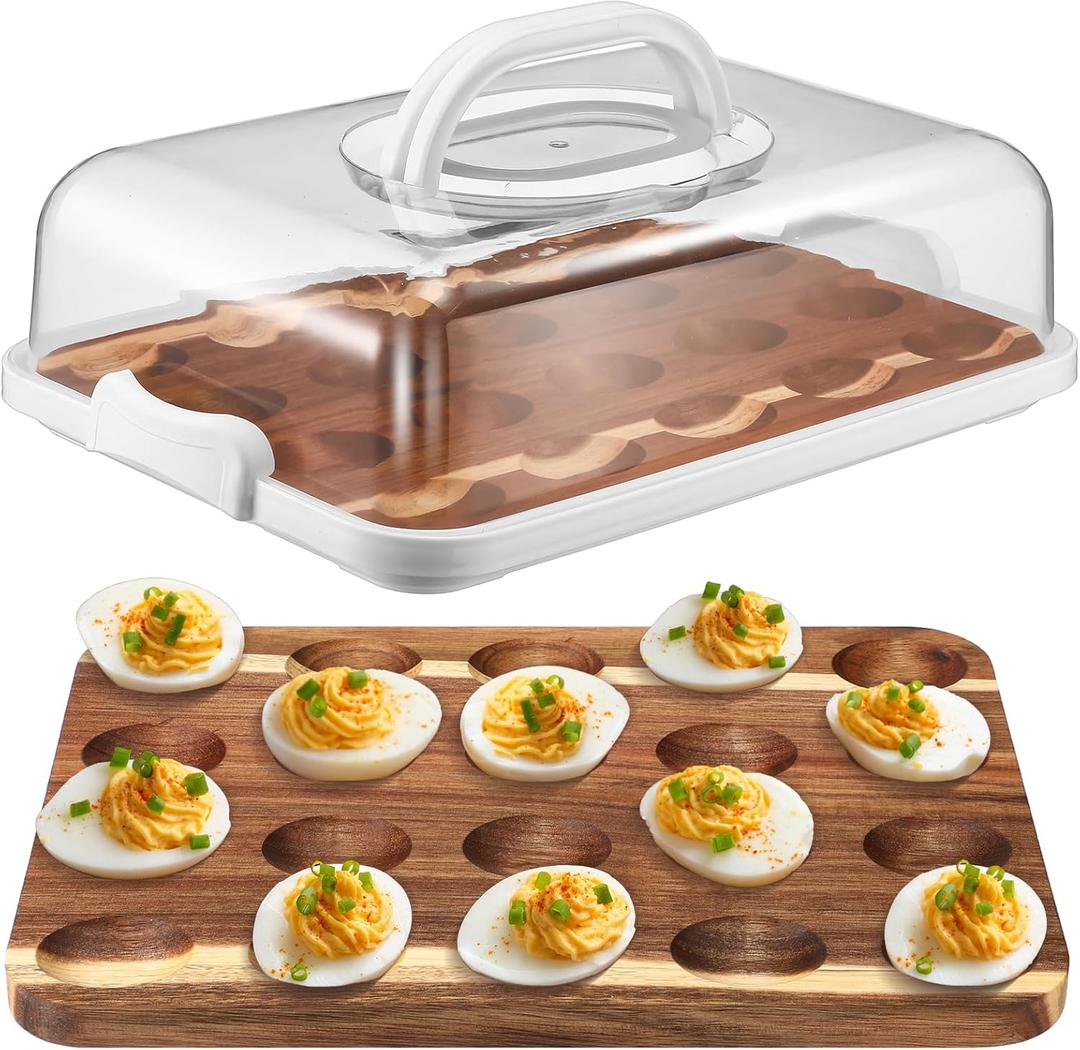 Baderke Easter Acacia Wood Deviled Egg Platter with Lid Base 20 Holes 12 x 8.5 Inch Round Deviled Egg Tray Reversible Charcuterie Board Wooden Egg Holder Serving Egg Container for Countertop(White)