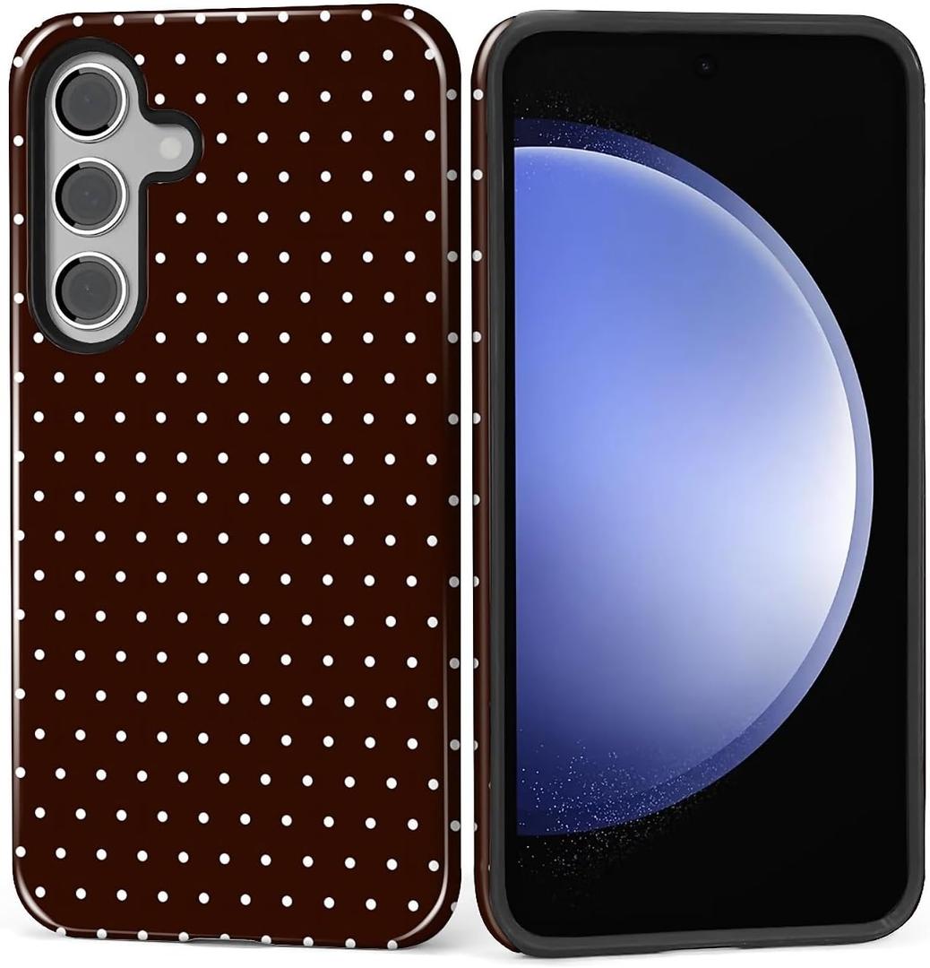 Case for Samsung Galaxy S24 FE, Hybrid Heavy Duty 2 in 1 Full Body Rugged Shockproof Protection Glossy Case for Samsung Galaxy S24 FE Polka Dot Aesthetics Brown