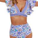 Women Ruffle High Waisted Swimsuit Two Piece Tropical Print Swimsuit Push Up Bathing Suit (Medium)
