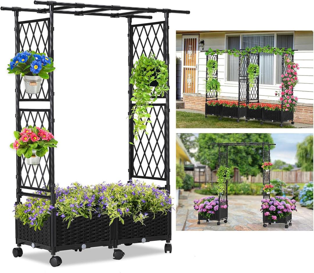 FOLLOOK Planter Box with Trellis Outdoor, 53.1in Plastic Raised Garden Bed with Trellis Hanging Roof for Vine Flower, with Lockable Wheels & Drain Plug for Patio Backyard Balcony, Black, 1 Pc