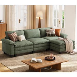 LINSY HOME 123'' Modular Sectional Sofa Green Couch Corduroy Cloud Couches for Living Room, L Shaped Couch with Movable Ottoman, Modern Cloud Sectional Sofas for Bedroom and Apartment, Green