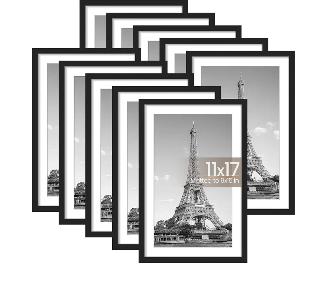 upsimples 11x17 Picture Frame Set of 10, Display Pictures 9x15 with Mat or 11x17 Without, Multi Photo Frames Collage for Wall Display, Black