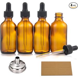 4 Pack, 2 oz Bottles with Dropper & 1 Funnel & 4 Labels - Essential Oils Bottles for Health, Personal Care & Beauty - 60ml Thick Dark Amber Glass Tincture Bottles, Refillable Cosmetic Containers